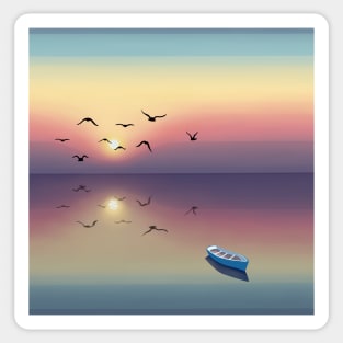 Pastel Sunrise, Flock of Birds Reflection Landscape Digital Illustration Sticker